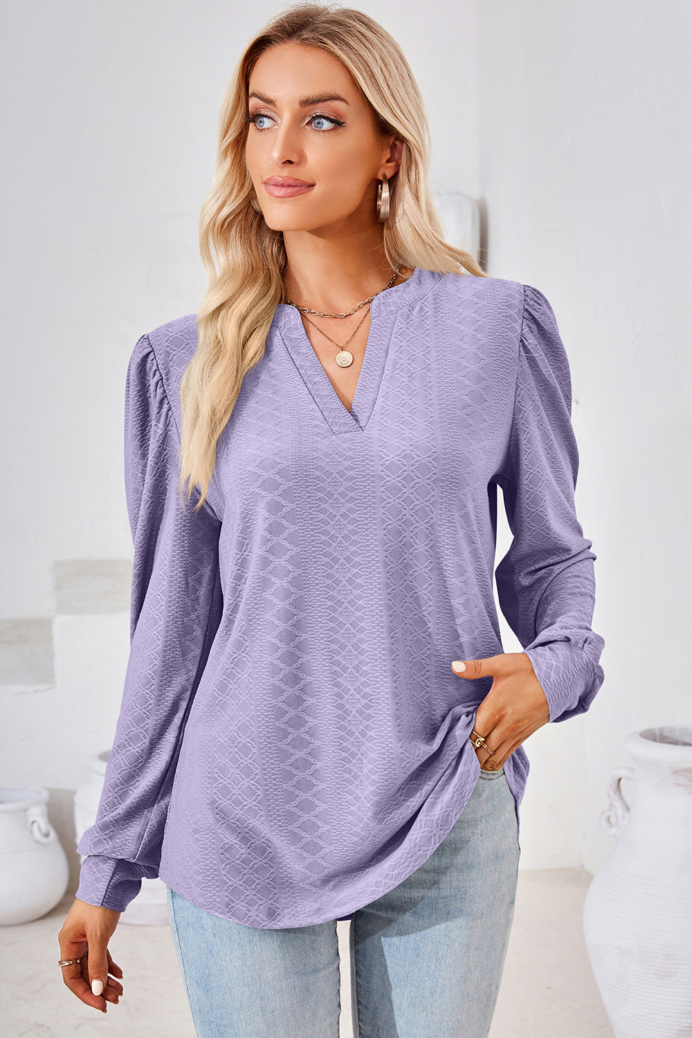 Ruched Notched Long Sleeve T-Shirt-Angel Casuals