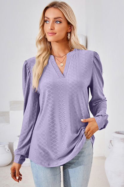 Ruched Notched Long Sleeve T-Shirt-Angel Casuals