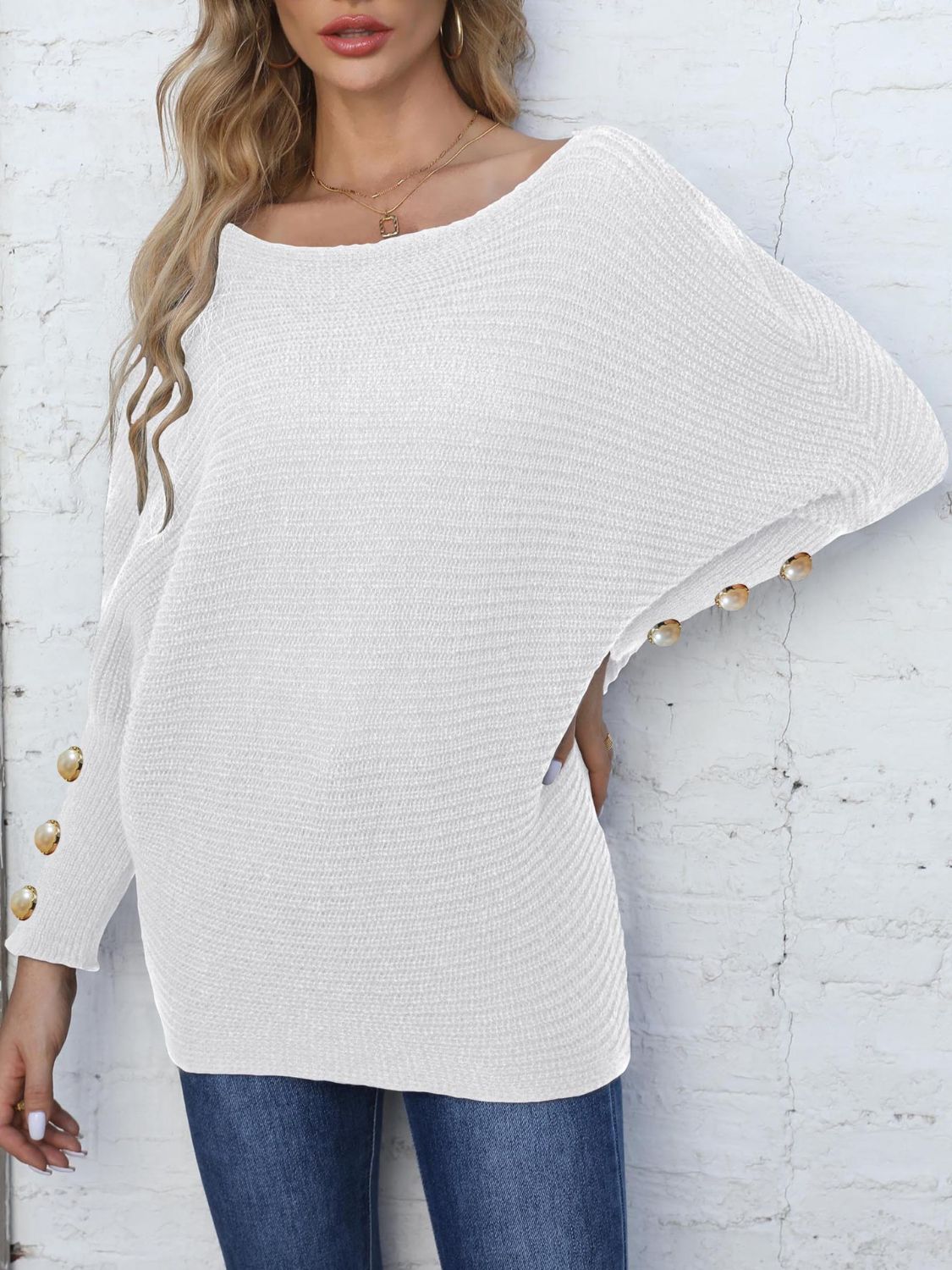 Full Size Boat Neck Long Sleeve Sweater-Angel Casuals