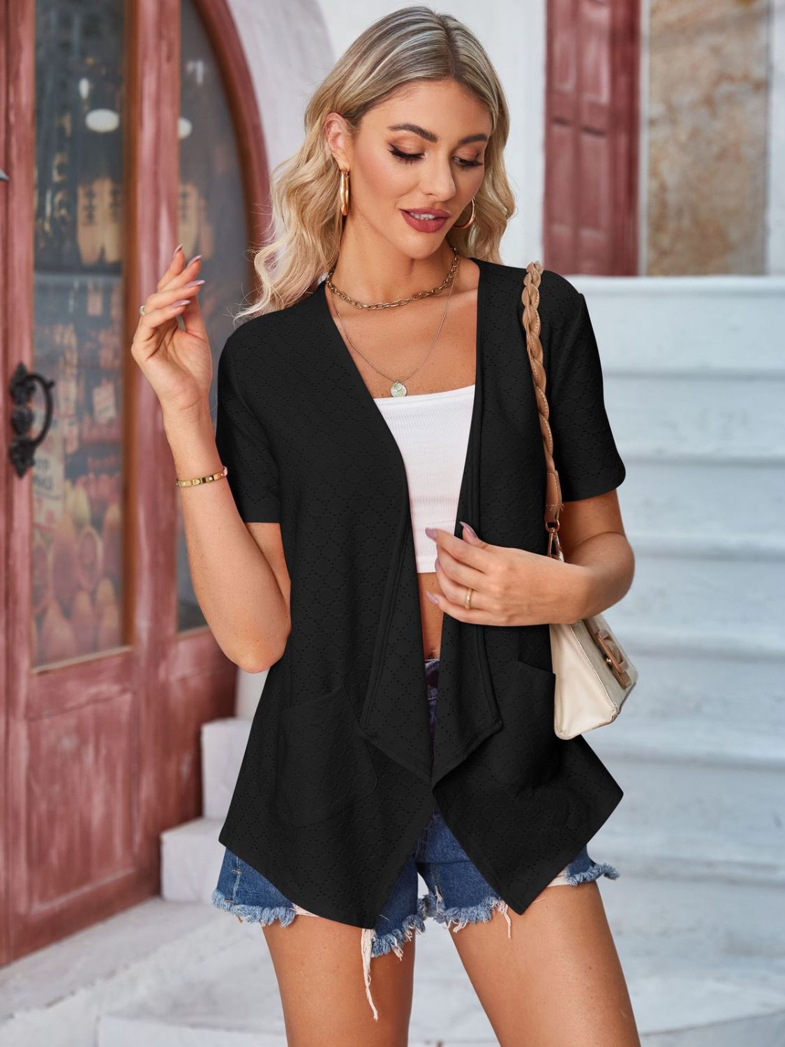 Eyelet Open Front Short Sleeve Cover Up-Angel Casuals
