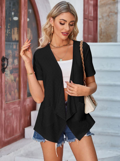 Eyelet Open Front Short Sleeve Cover Up-Angel Casuals