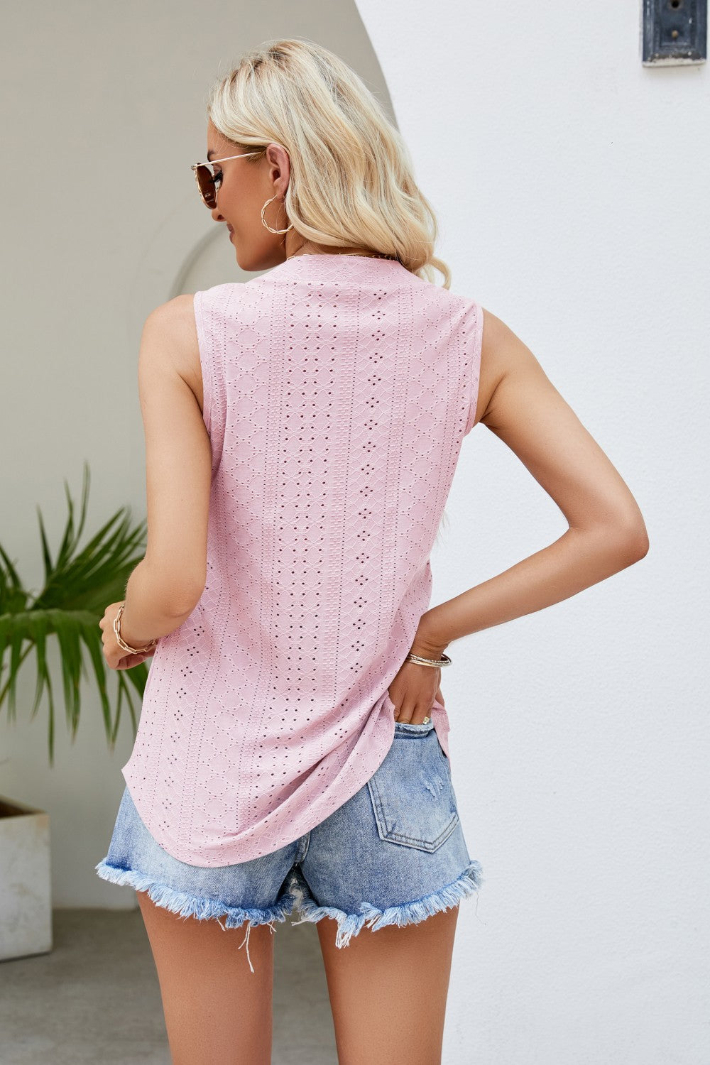 Notched Neck Curved Hem Eyelet Tank-Angel Casuals