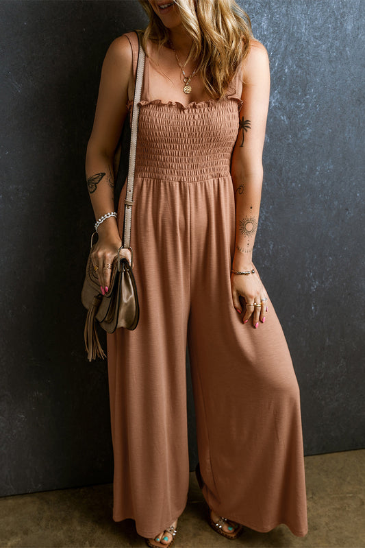 Frill Smocked Wide Leg Jumpsuit-Angel Casuals