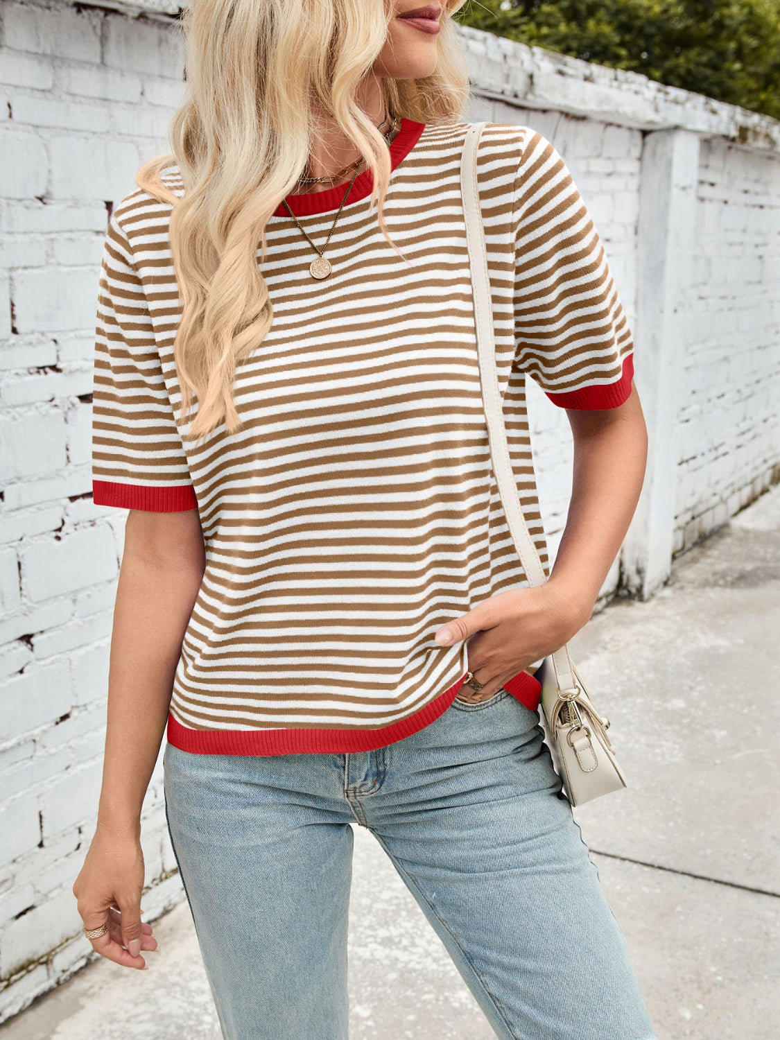 Lovelet Striped Contrast Round Neck Half Sleeve Knit Top-Angel Casuals