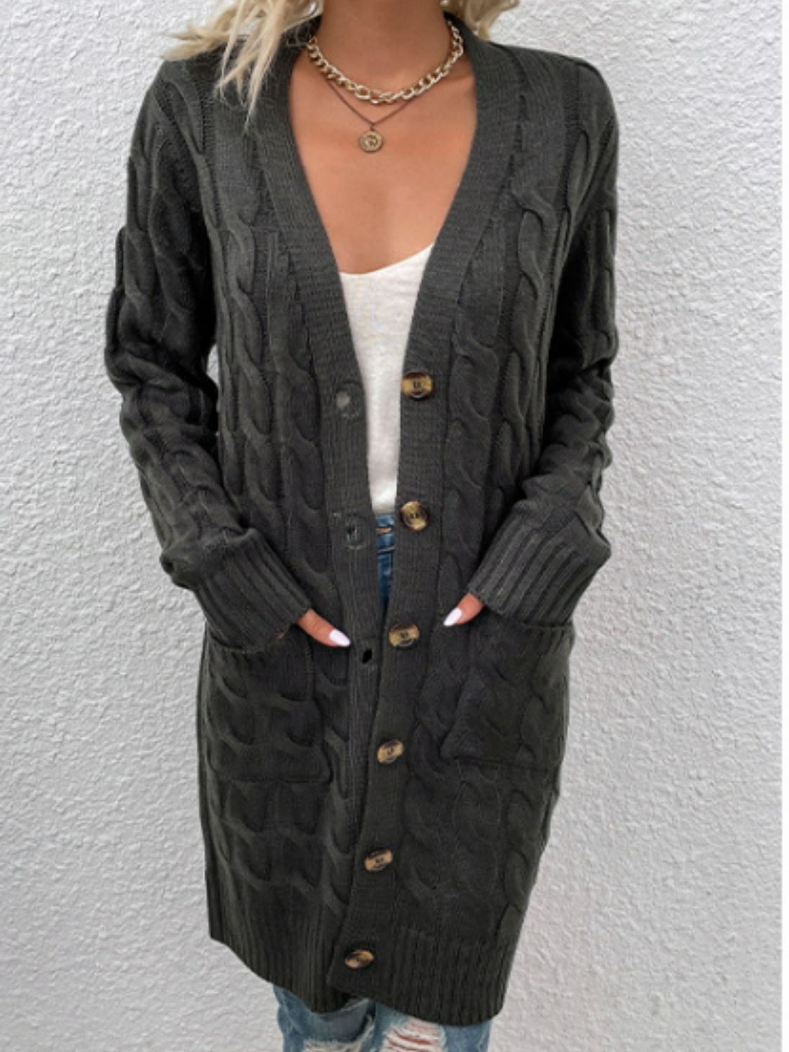 Cable-Knit Button Down Cardigan with Pockets-Angel Casuals