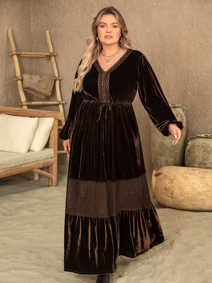 Plus Size V-Neck Balloon Sleeve Maxi Dress-Angel Casuals