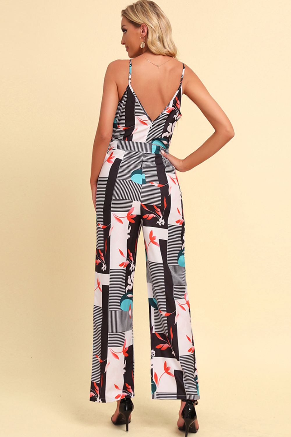 Printed Spaghetti Strap Tied Jumpsuit-Angel Casuals