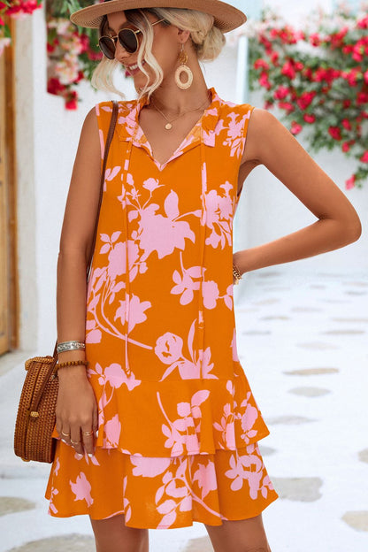 Floral Tie Neck Sleeveless Layered Dress-Angel Casuals