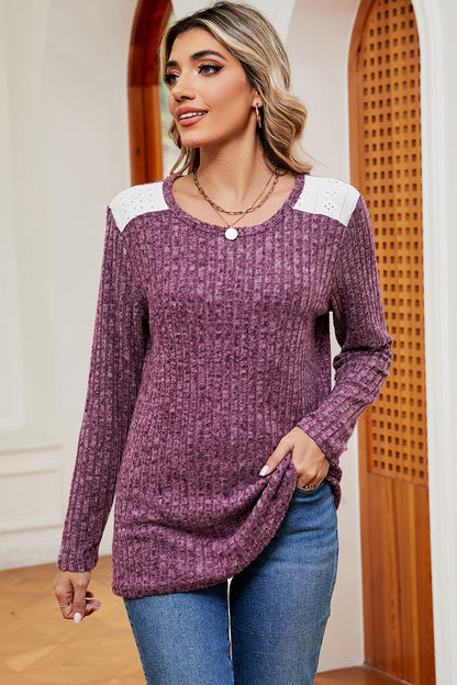 Eyelet Ribbed Round Neck Long Sleeve T-Shirt-Angel Casuals