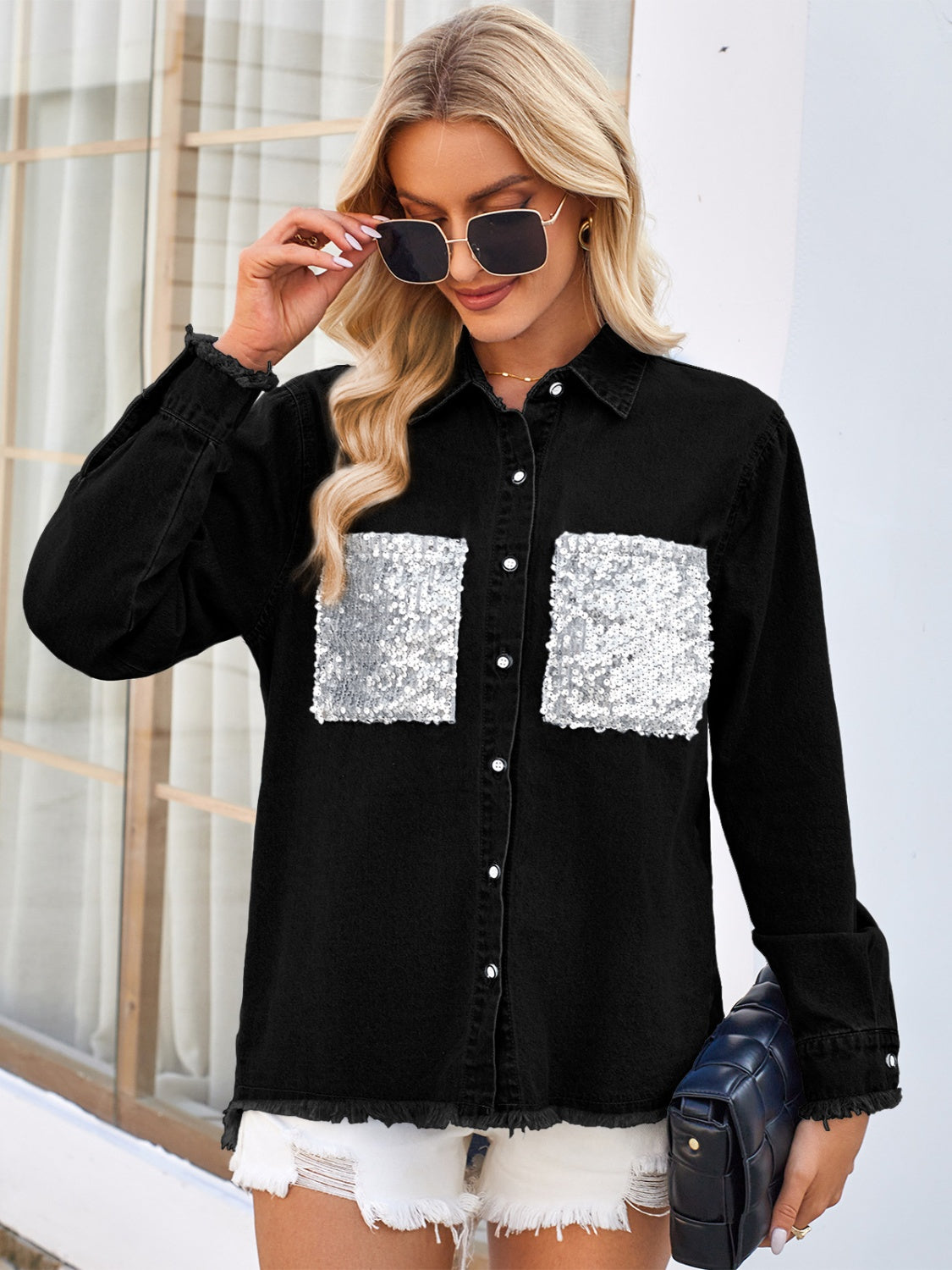 Raw Hem Button Up Long Sleeve Denim Jacket with Sequin Pockets-Angel Casuals