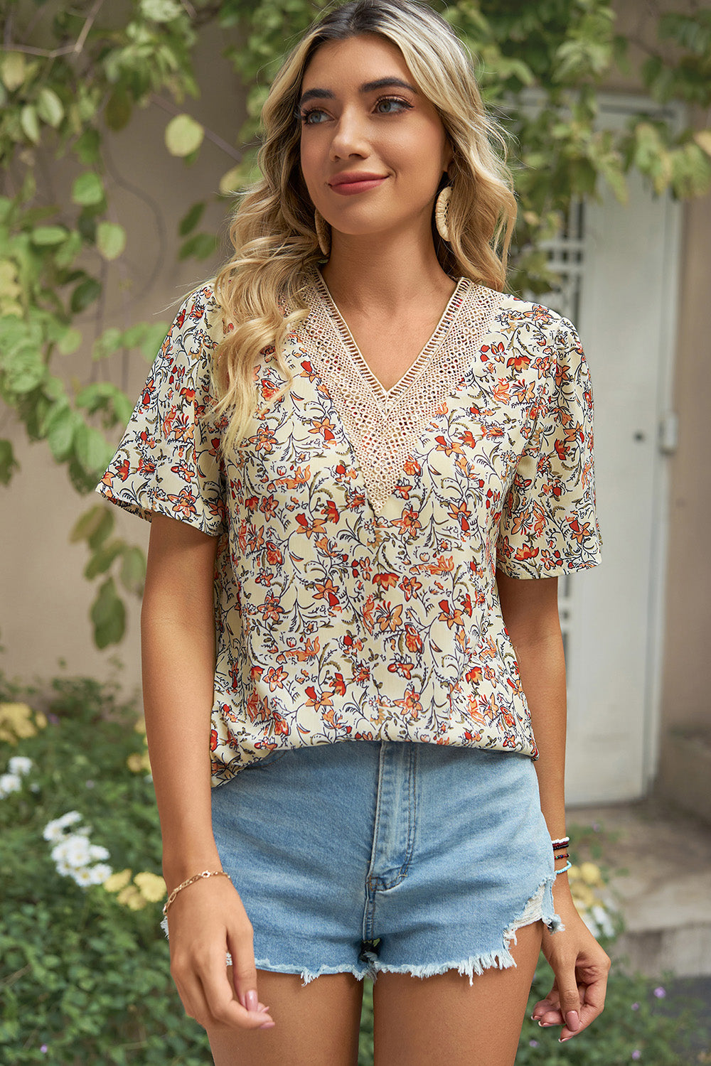 Floral V-Neck Short Sleeve T-Shirt-Angel Casuals