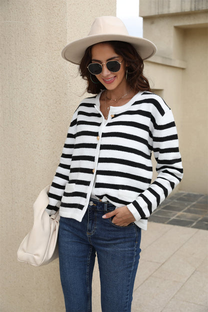 Striped Round Neck Button-Down Dropped Shoulder Cardigan-Angel Casuals