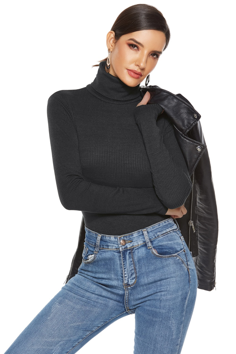 Ribbed Turtleneck Long Sleeve Bodysuit-Angel Casuals