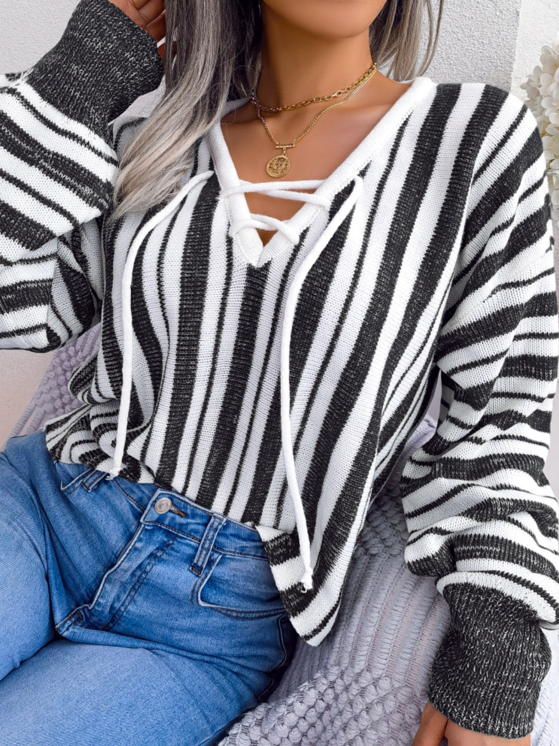 Striped Lace-Up Long Sleeve Sweater-Angel Casuals