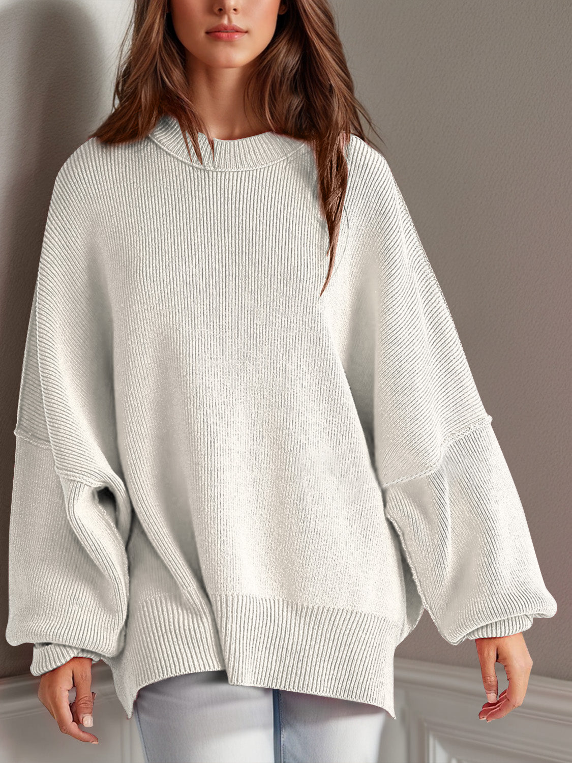 Double Take Side Slit Round Neck Long Sleeve Sweater-Angel Casuals