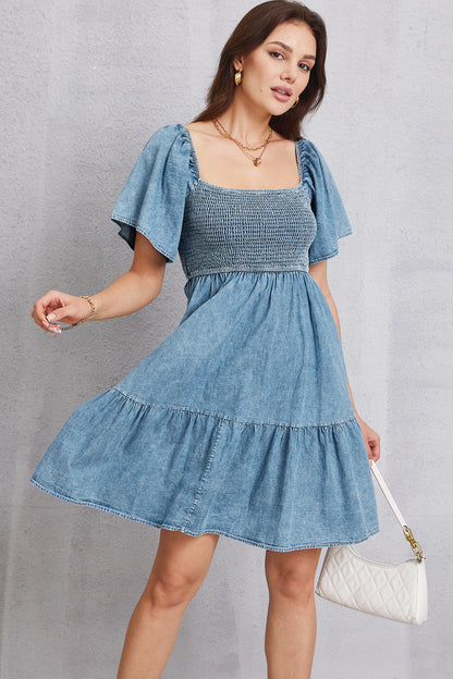 Smocked Square Neck Mini Denim Dress-Angel Casuals