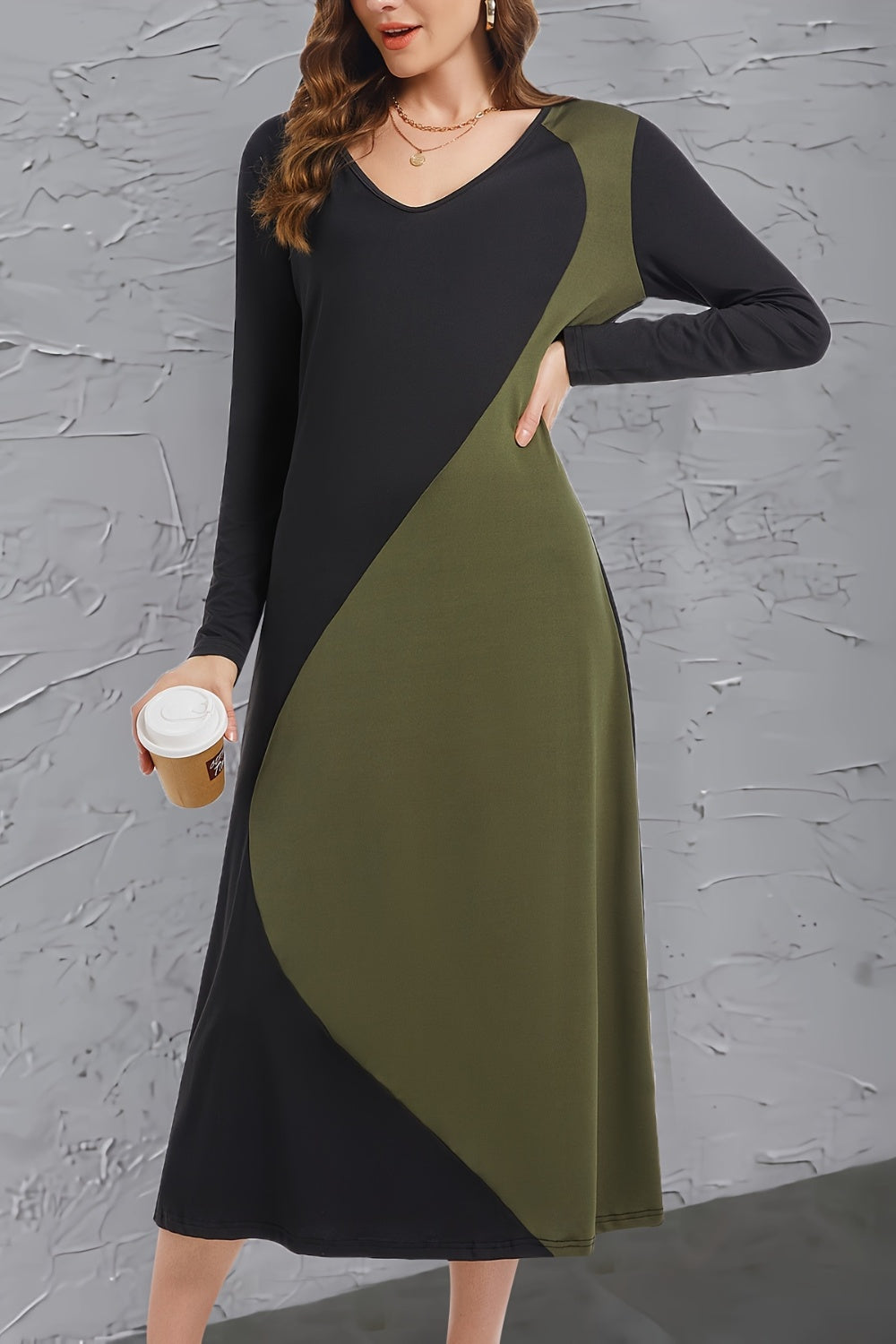 Contrast Long Sleeve Midi Dress-Angel Casuals