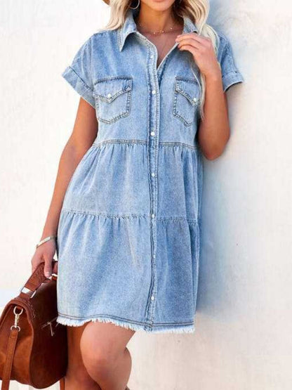 Raw Hem Short Sleeve Denim Dress-Angel Casuals