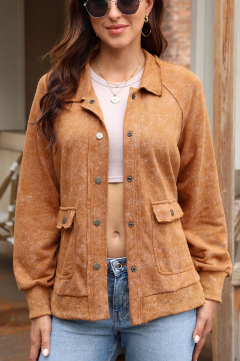 Snap Down Flap Pocket Long Sleeve Shacket-Angel Casuals