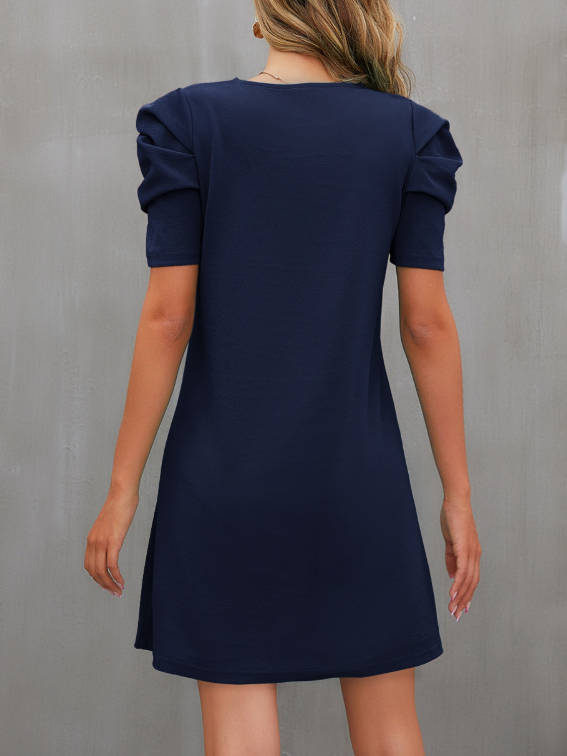 Round Neck Puff Sleeve Mini Dress-Angel Casuals