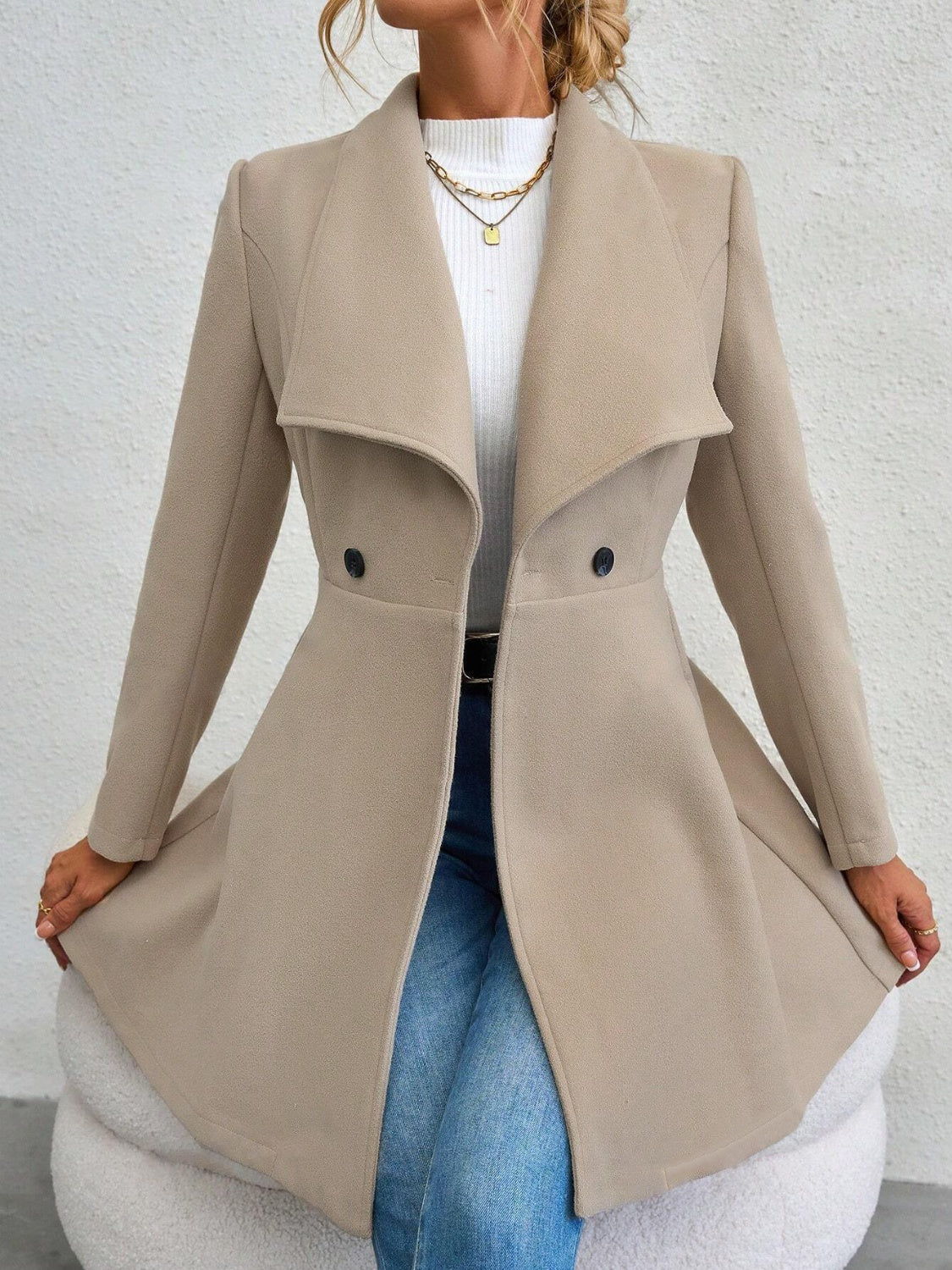 Collared Neck Button Up Long Sleeve Coat-Angel Casuals