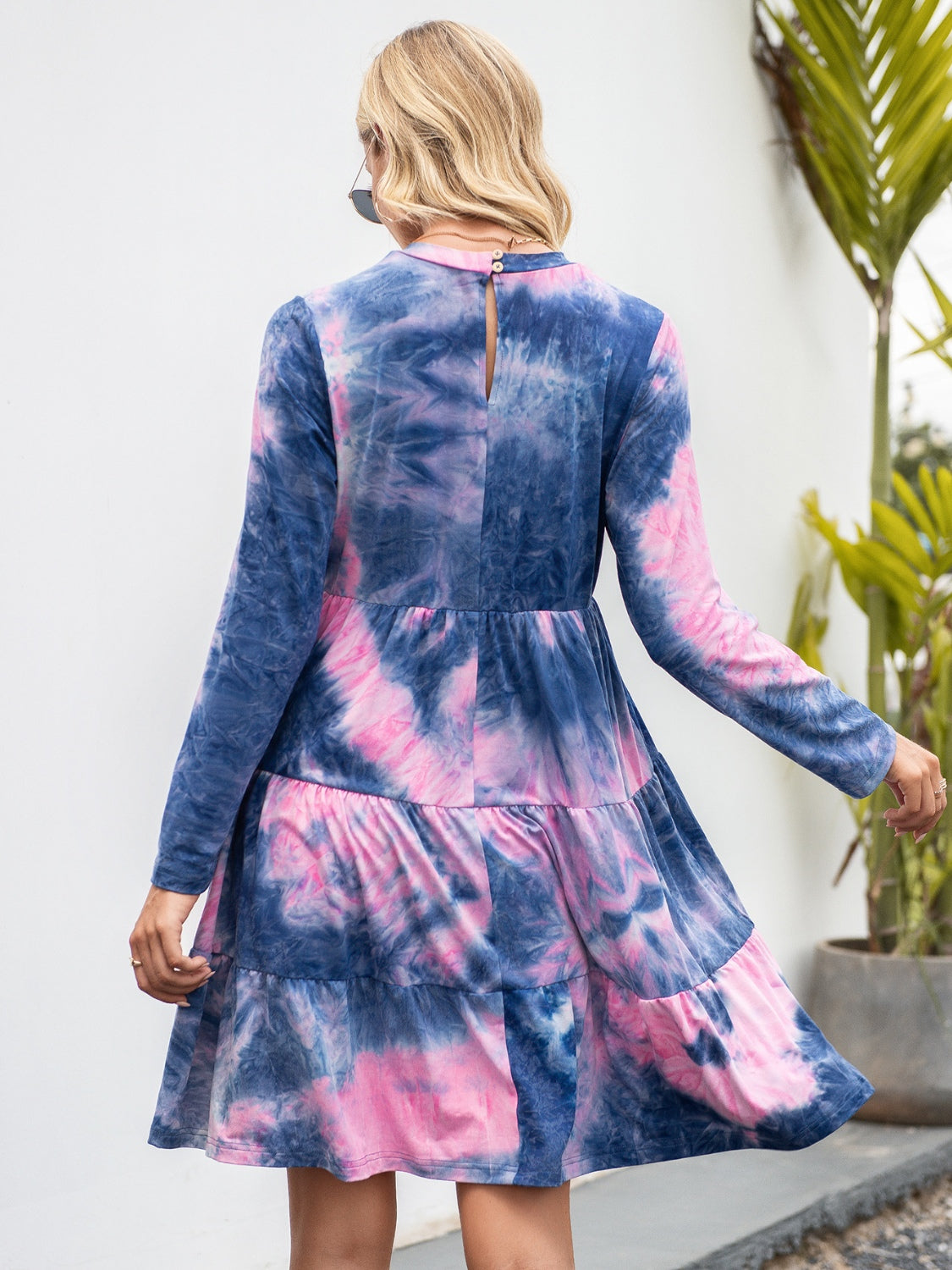 Tie-Dye Round Neck Long Sleeve Tiered Dress-Angel Casuals