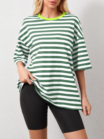 Striped Round Neck Half Sleeve T-Shirt-Angel Casuals