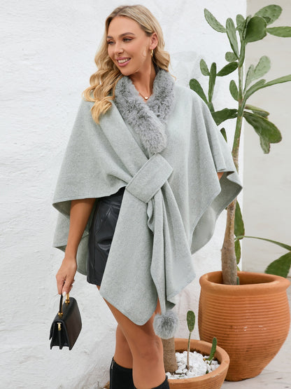 Fuzzy Trim Open Front Poncho-Angel Casuals
