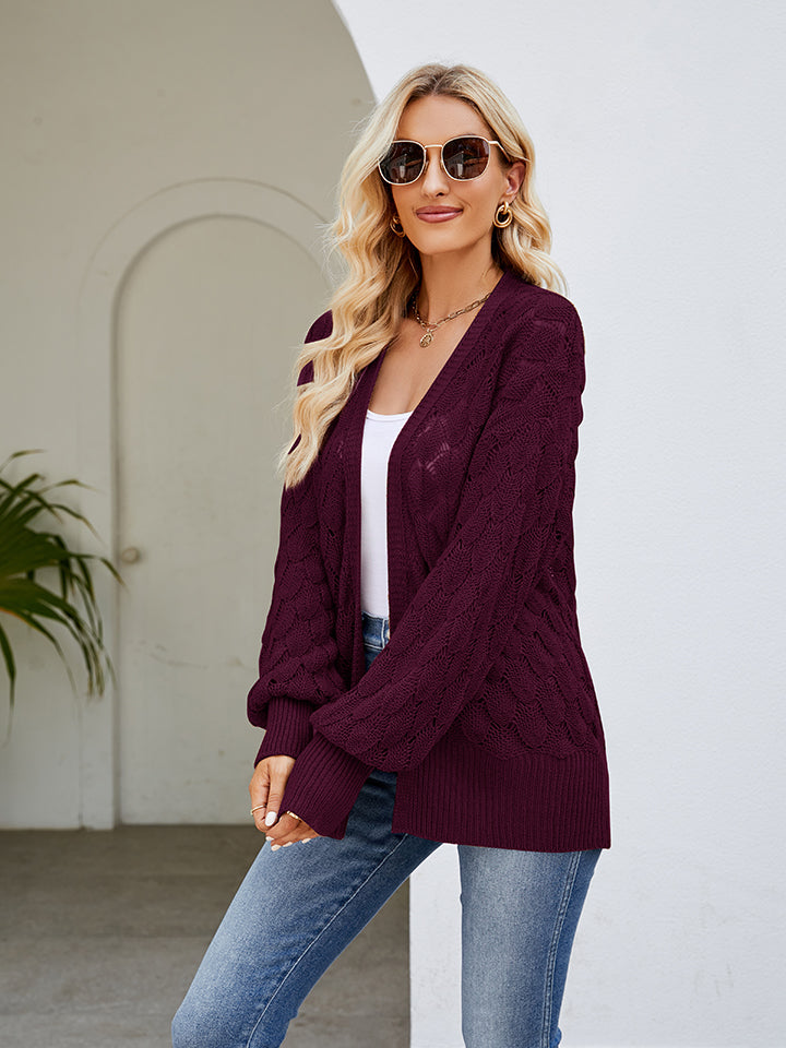 Openwork Open Front Lantern Sleeve Cardigan-Angel Casuals