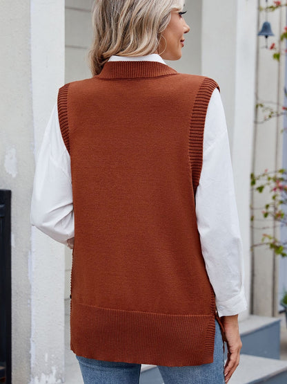 Buttoned Round Neck Sweater Vest-Angel Casuals