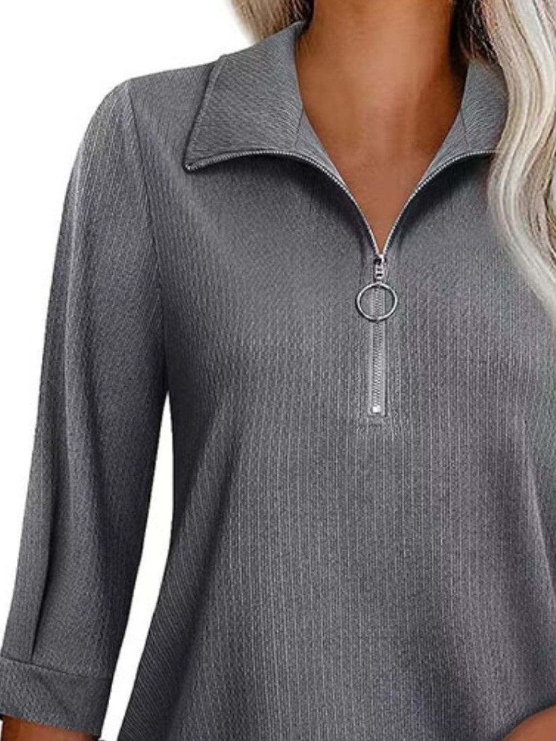 Half Zip Collared Neck Three-Quarter Sleeve T-Shirt-Angel Casuals