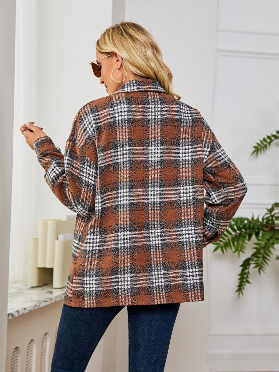 Plaid Collared Shirt Jacket-Angel Casuals