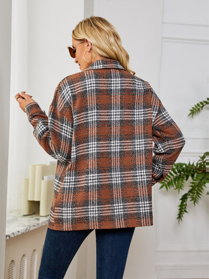 Plaid Collared Shirt Jacket-Angel Casuals
