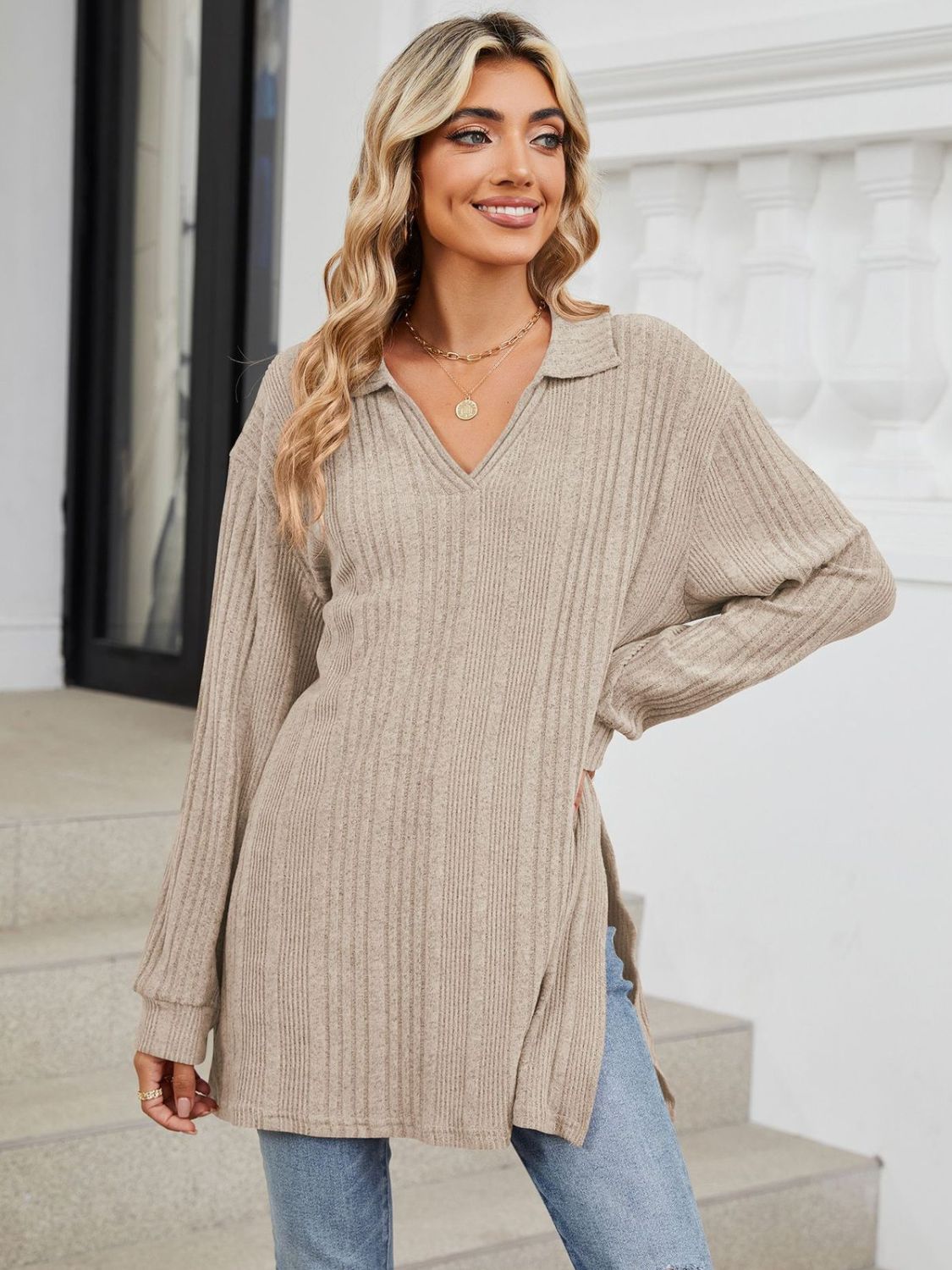 Slit Johnny Collar Long Sleeve T-Shirt-Angel Casuals