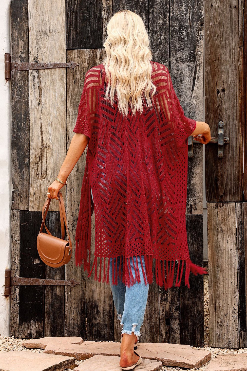 Openwork Open Front Cardigan with Fringes-Angel Casuals