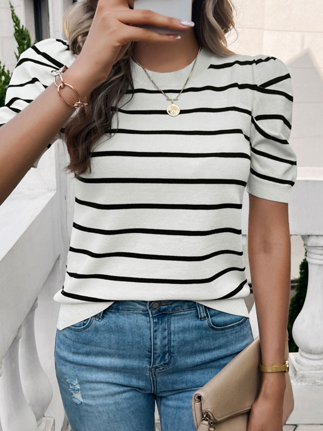 Devine Striped Round Neck Puff Sleeve Knit Top-Angel Casuals