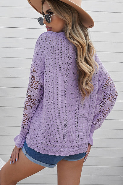 Openwork Lantern Sleeve Dropped Shoulder Sweater-Angel Casuals