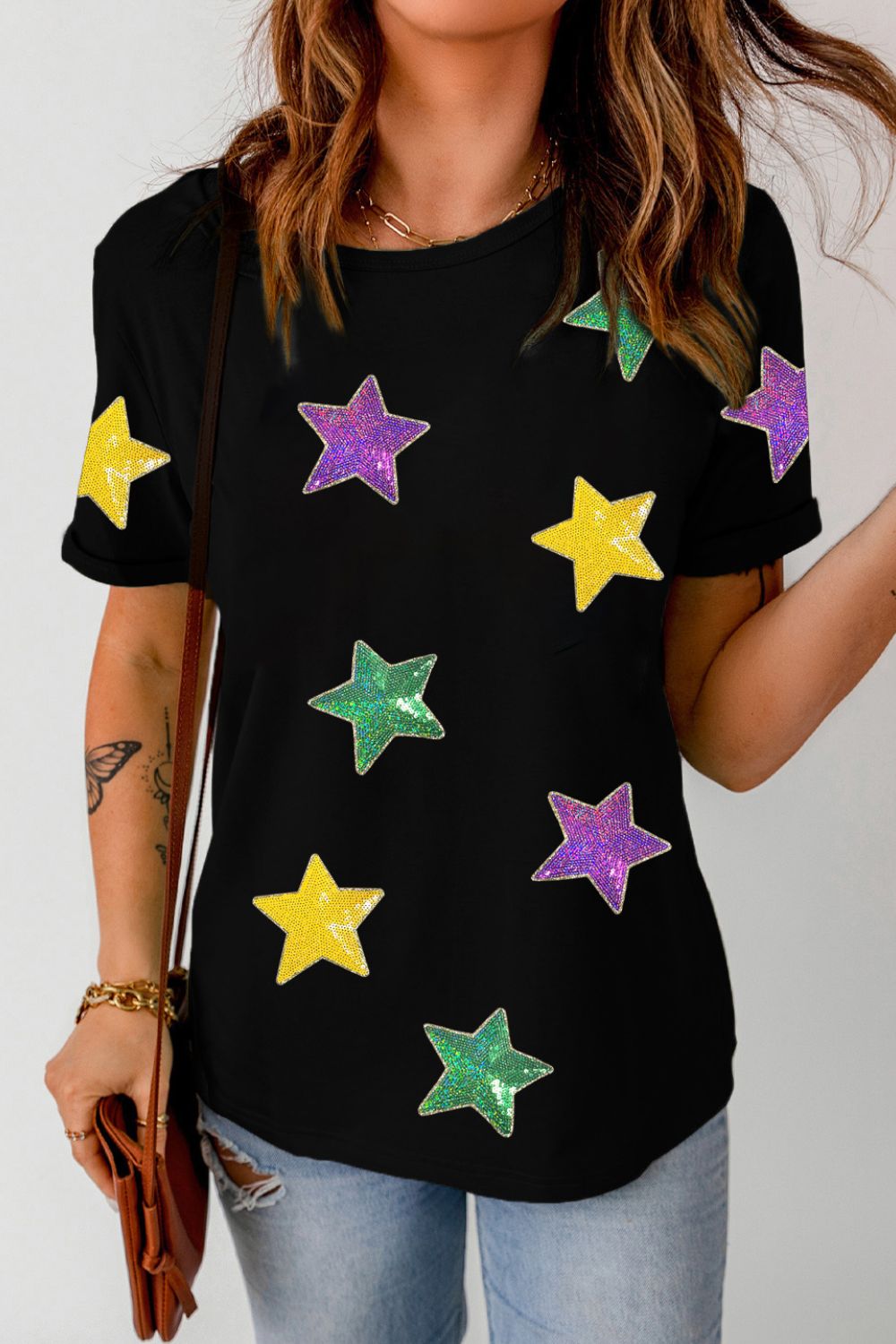 Sequin Stars Patched Round Neck T-Shirt-Angel Casuals