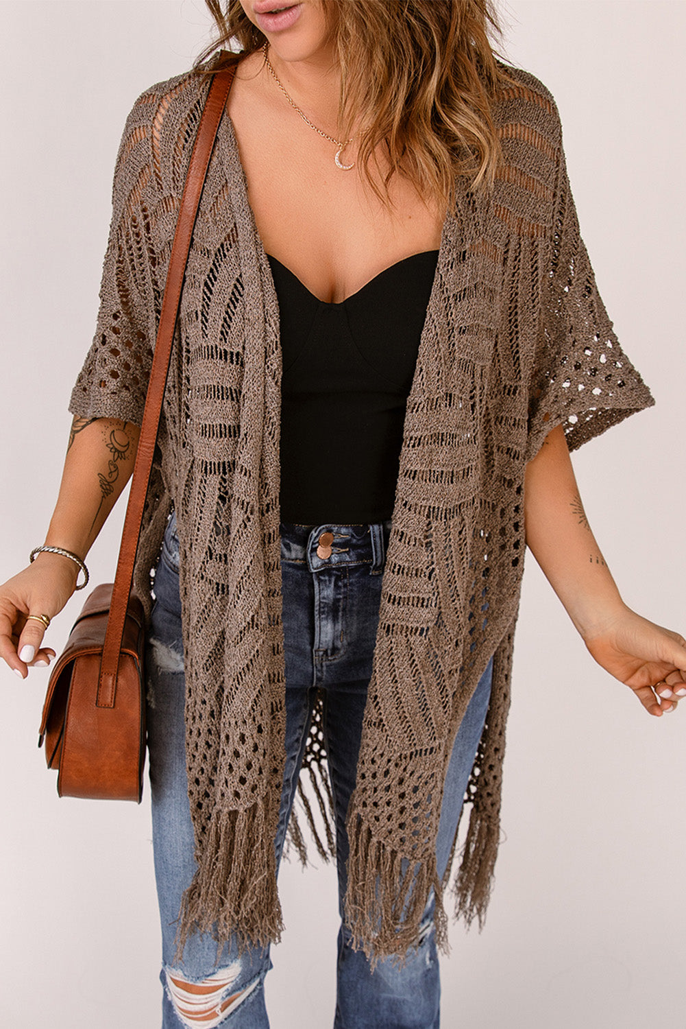 Fringe Hem Slit Open Front Cardigan-Angel Casuals