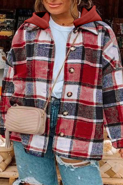 Plus Size Plaid Button Up Hooded Jacket-Angel Casuals