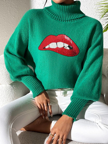 Lip Turtleneck Long Sleeve Sweater-Angel Casuals