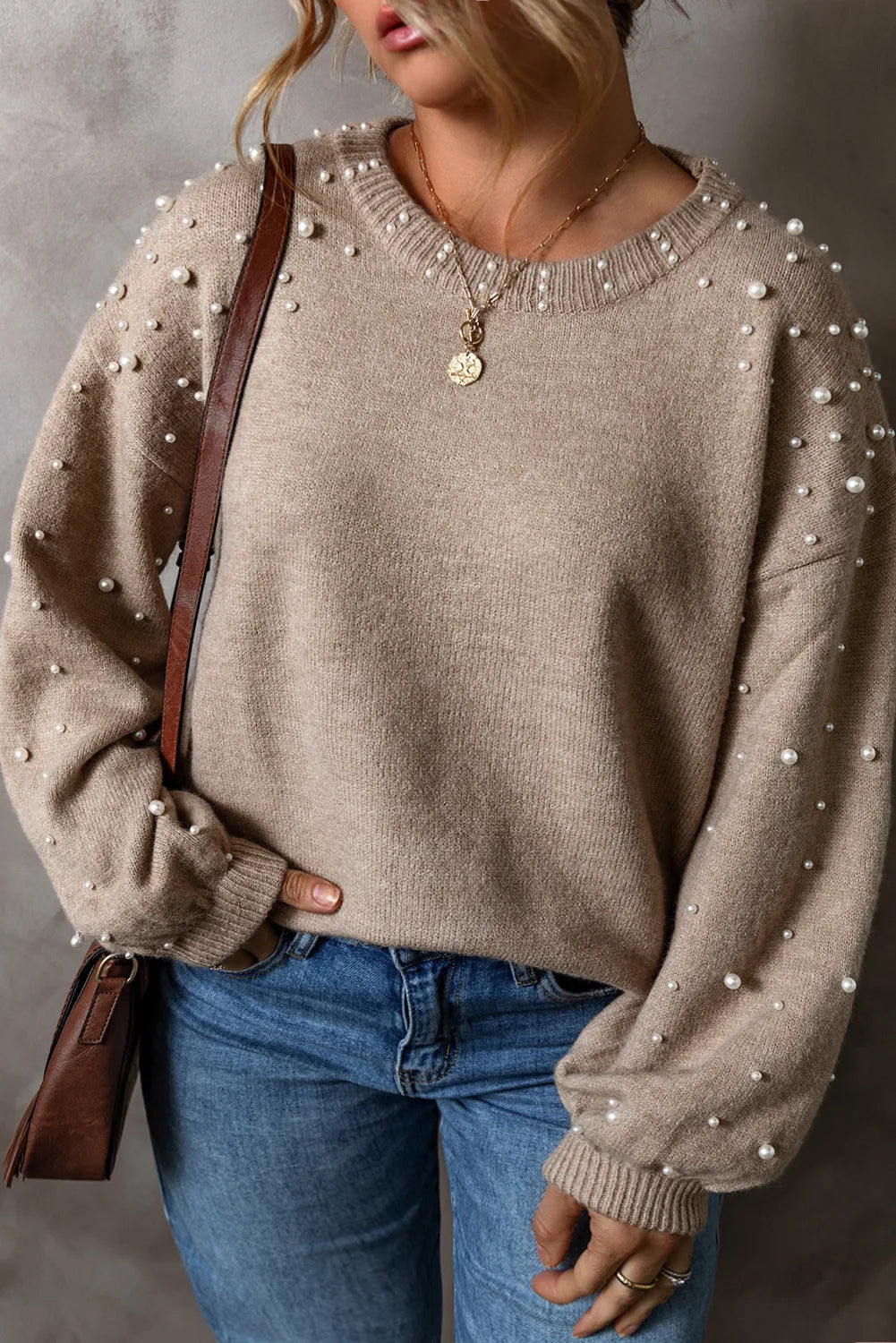 Plus Size Pearl Detail Round Neck Long Sleeve Sweater-Angel Casuals