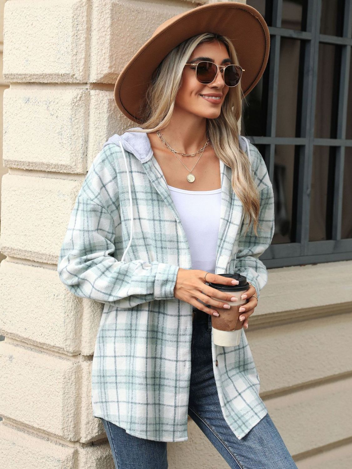 Drawstring Plaid Button Up Hooded Jacket-Angel Casuals