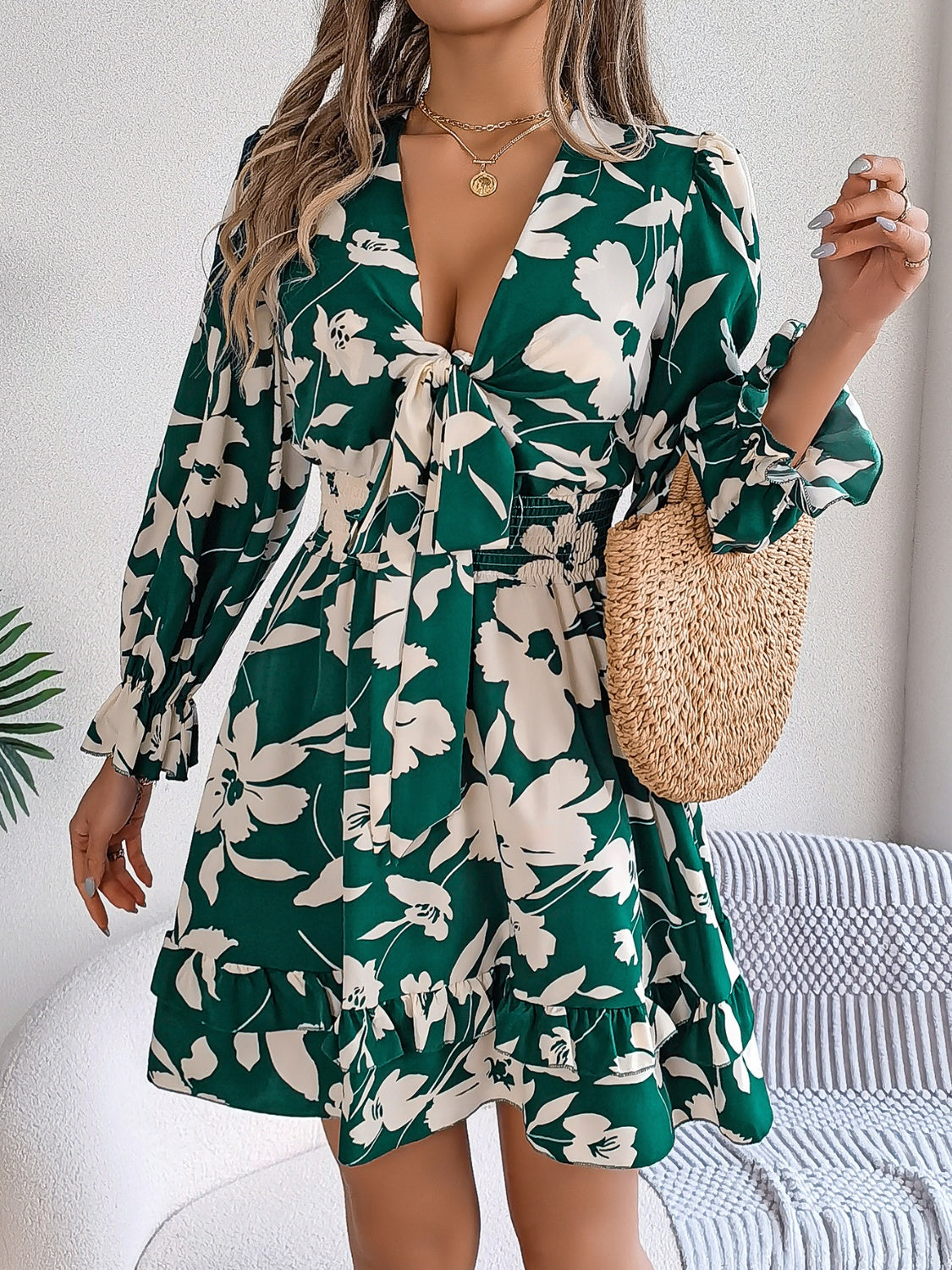 Tied Ruffled Printed Long Sleeve Dress-Angel Casuals