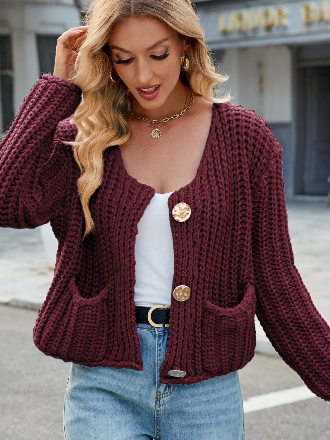 Round Neck Button Up Cardigan with Pockets-Angel Casuals