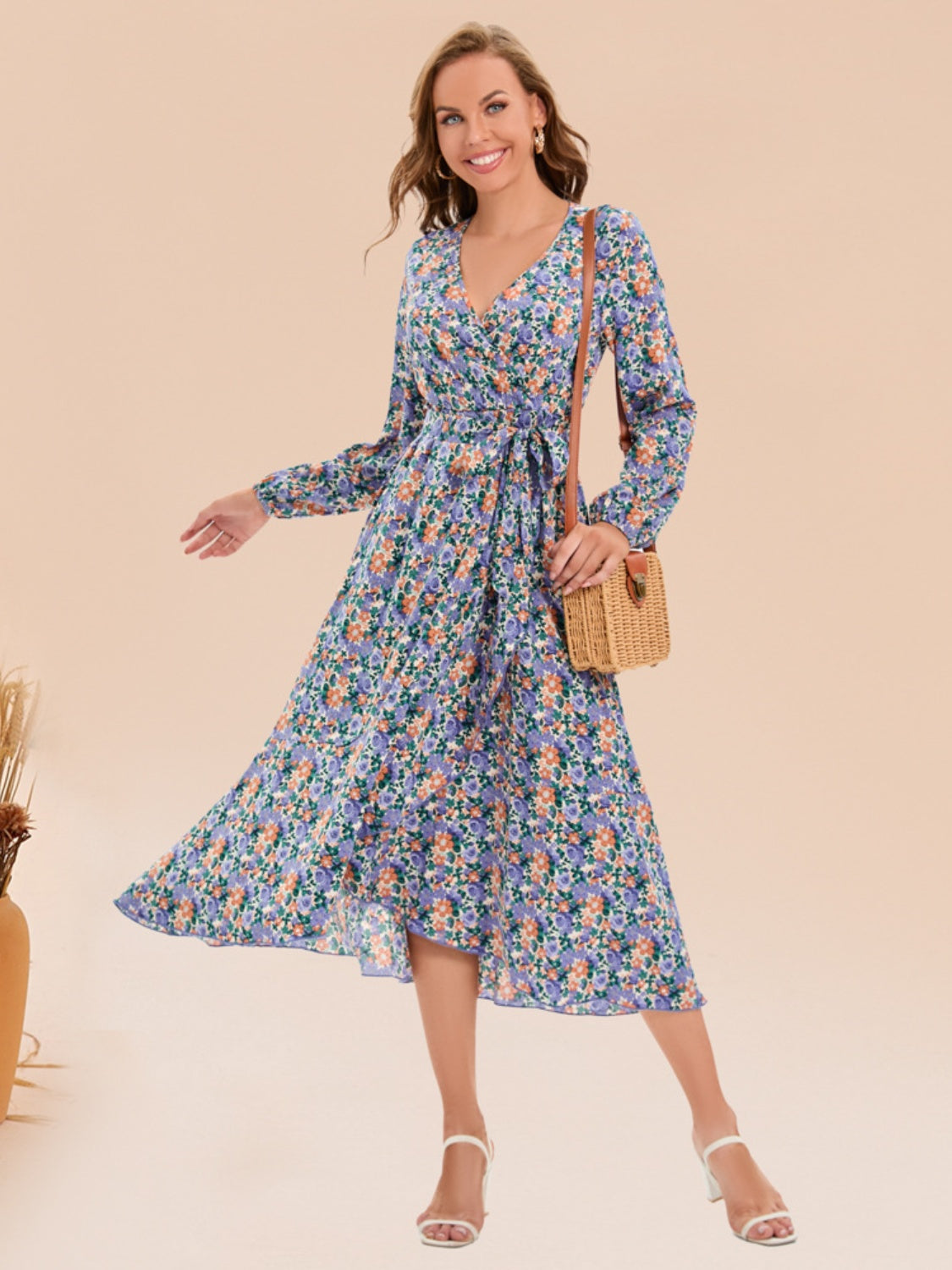 Full Size Printed Surplice Long Sleeve Dress-Angel Casuals