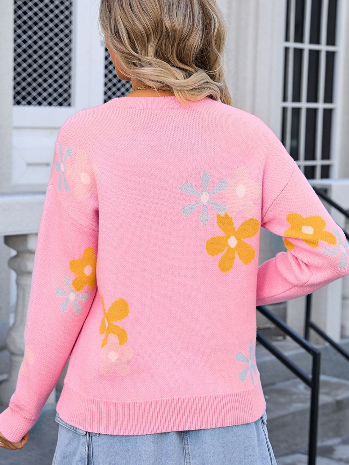 Angel Wings Flower Round Neck Dropped Shoulder Sweater-Angel Casuals