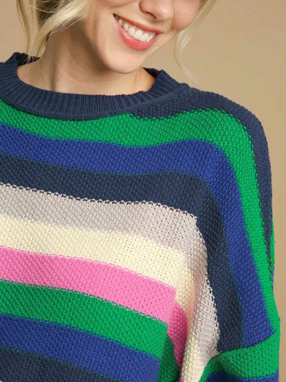 Contrast Striped Round Neck Long Sleeve Sweater-Angel Casuals