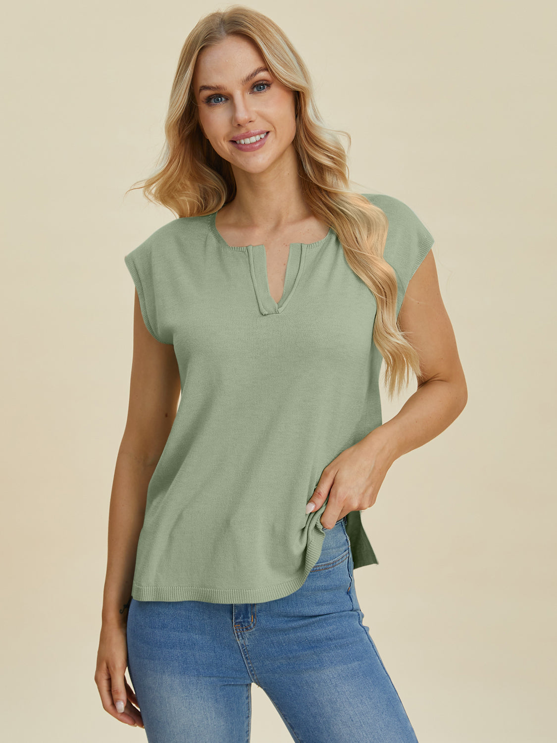 Double Take Full Size Notched Cap Sleeve Knit Top-Angel Casuals