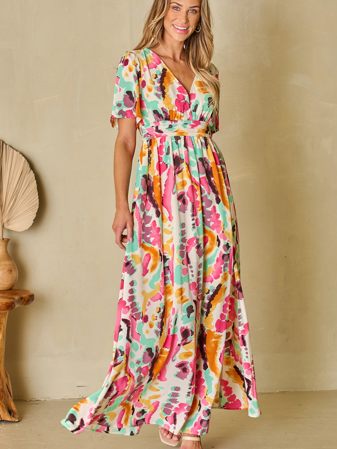 Slit Printed Surplice Short Sleeve Maxi Dress-Angel Casuals